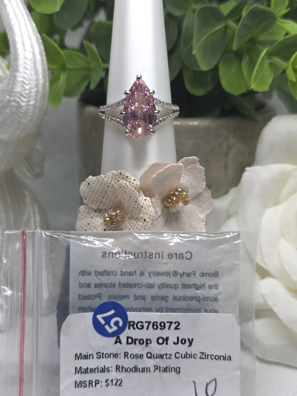 BP Elegant Rose Quartz Halo On Rhodium Plating